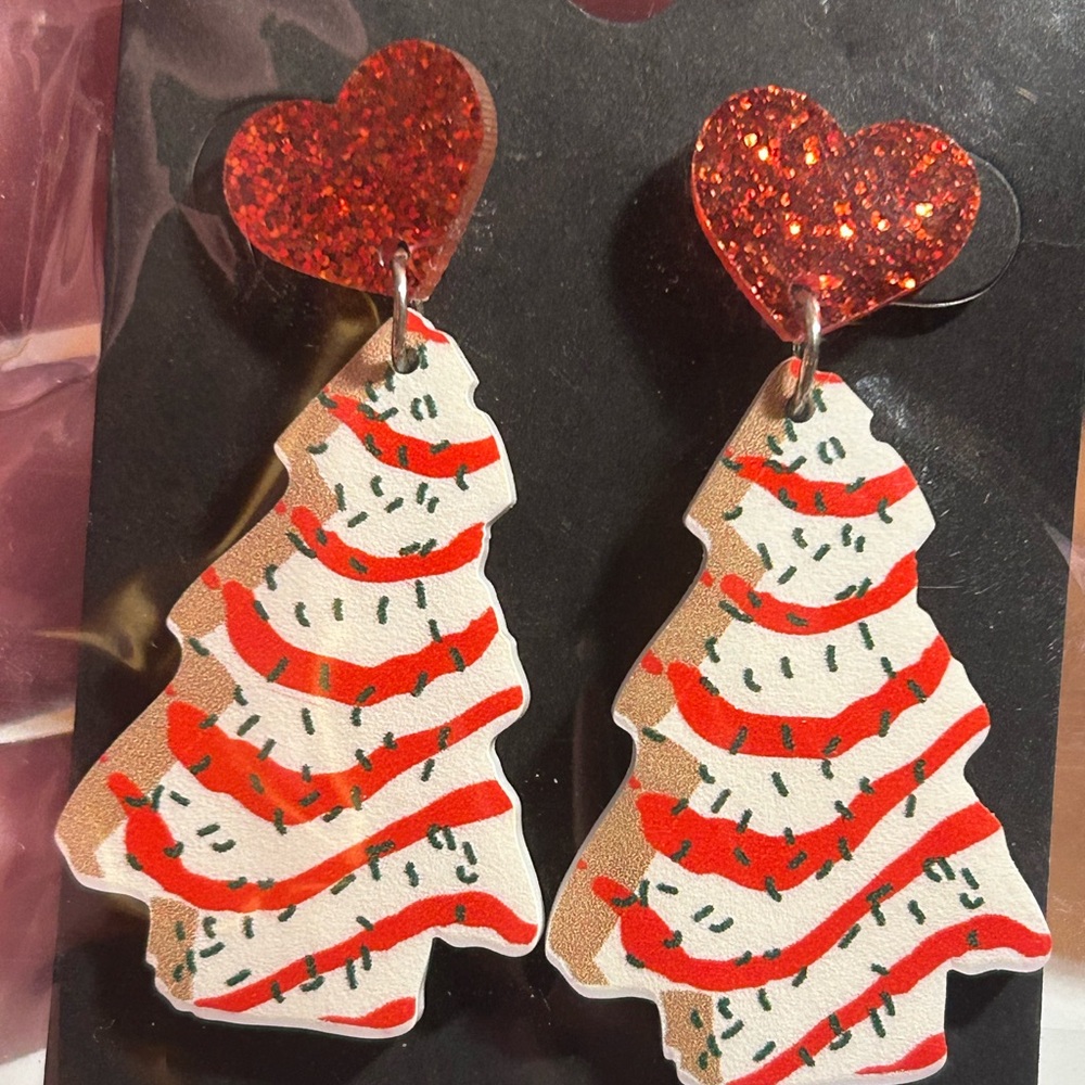 Festive Christmas Tree Earrings with Red Glitter Hearts